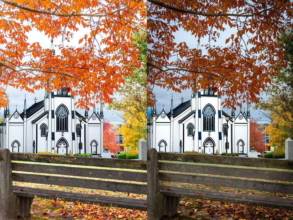 Lunenberg St John's Church, bench in the foreground, completed with a tree framing looking towards the church, completed with two side-by-side photos of the same location and edited to show light vs dark moods to enhance film genres