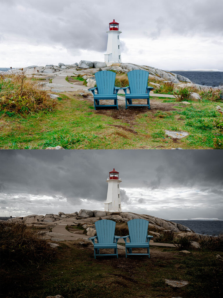 Wide coastal landscape with lighthouse and chairs capturing cinematic calm